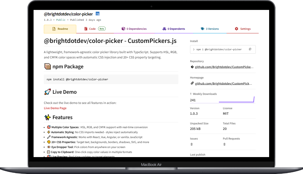 NPM Page of the Color Picker